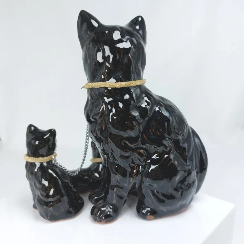 VTG 1950s Redware Black Cat Family Mama &‎ 2 Kittens Figures Green Eyes Japan